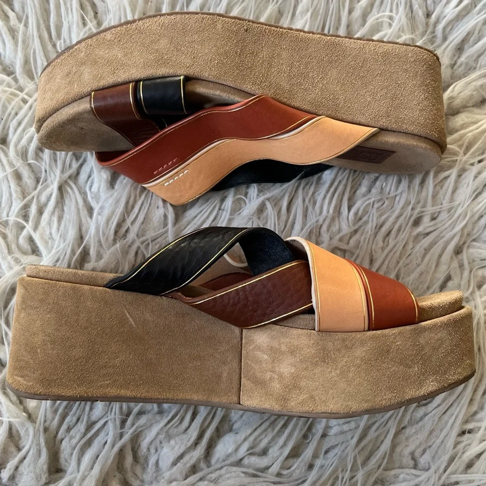 Pedro Garcia Nirou Platform Brown Color Block Wedge Leather Sandal EUC Size 36